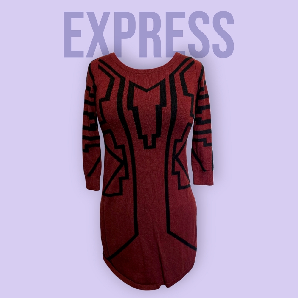 HP🎉 Express Geometric Print Maroon Sweater Dress - Size SP